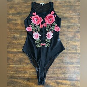 Mesh Black Bodysuit with Pink Floral‎ Embroidery Size S